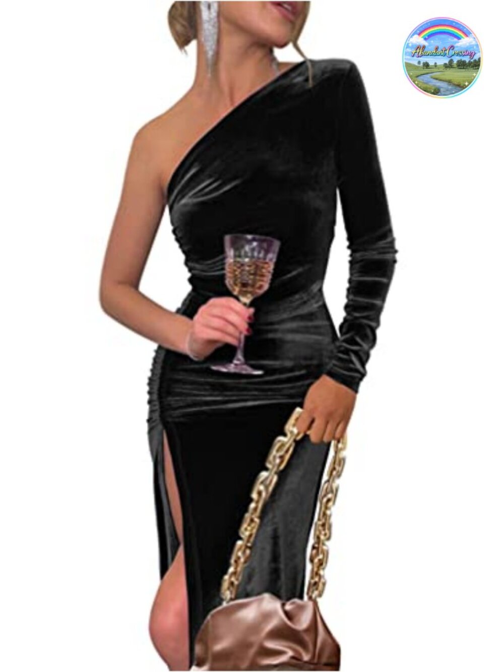 YMDUCH Women's One Shoulder Long Sleeve Ruched Slit Velvet Party Dress